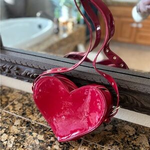 Y2K Red Patent Heart Shaped Shoulder Bag Glossy Faux Leather Mini Purse